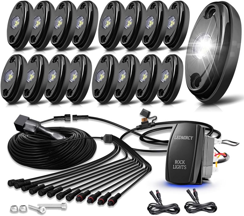 LEDMIRCY White Rock Lights, R1 Pure White Rock Lights Kit with Rocker Switch Wiring Harness 16PCS for UTV Off Road Trucks ATV Underglow Light High Power Trail Rig Light Under Body Waterproof Shockproof - Image 1